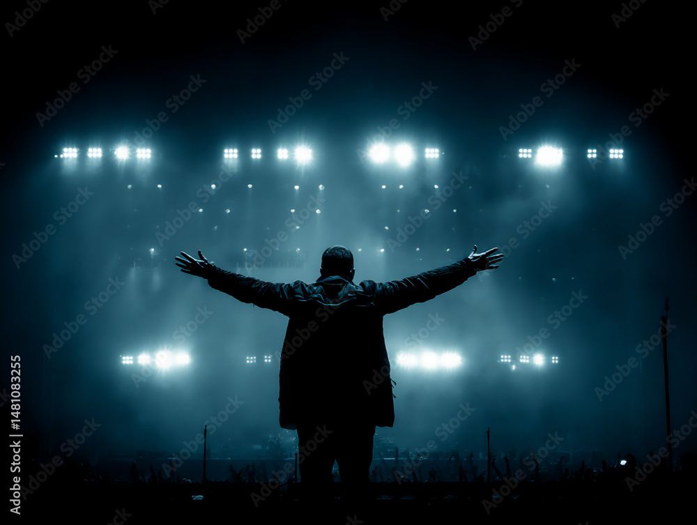Poster backlit shot of a dj performing on stage with flashing strobe lights and a dancing crowd in silhouet