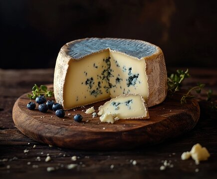 A wheel of blue cheese, sliced, on a wooden board