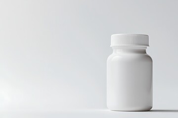A white pill bottle, sitting against a spotless white background, highlighting its simple, clean design perfect for pharmaceutical packaging