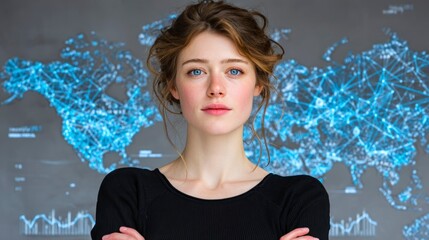 A confident individual standing in front of a digital world map with network connections symbo
