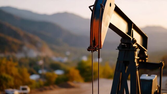 A picturesque oil pump jack silhouetted against a stunning mountain backdrop at dusk, representing the intersection of nature and the oil extraction industry.