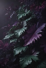 Intricate dark foliage, deep green & purple exotic leaves, dramatic shadows , fantasy, background