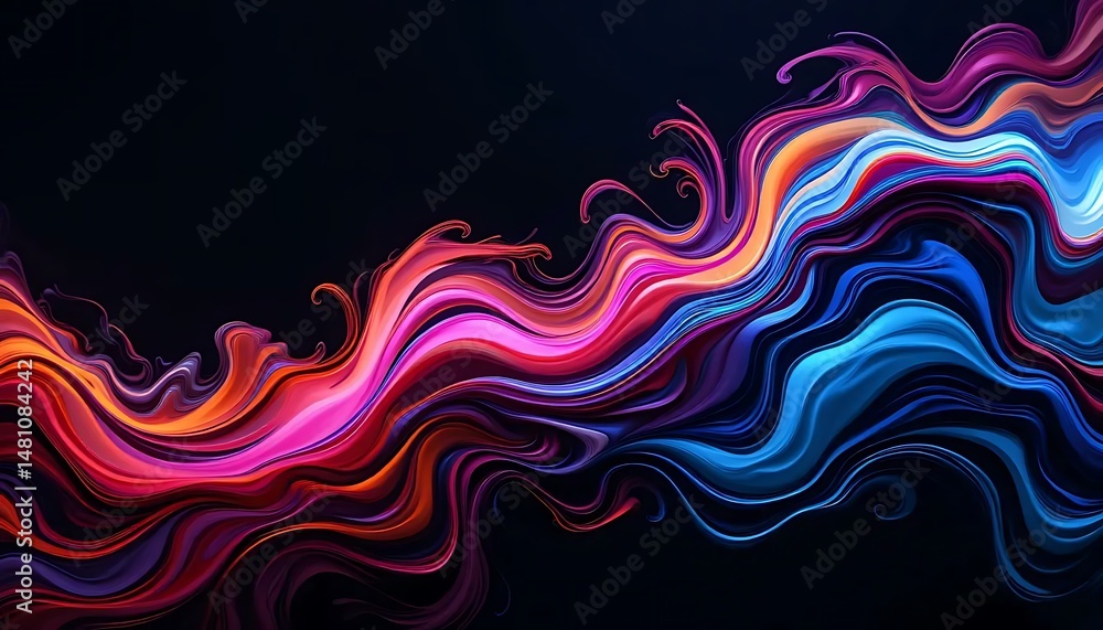 Poster abstract colorful swirls flow across a dark void creating a dynamic artistic visual pattern.