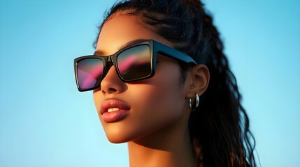 Fototapeta premium Stylish African American Woman with Sunglasses Against Sky Background