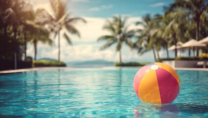 Beach ball floating in the pool, tropical summer vacation background with palm trees and swimming