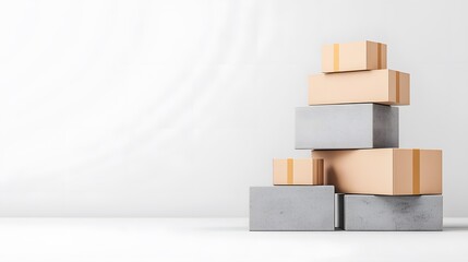 Stacked Cardboard Boxes on Concrete Blocks Against White Background