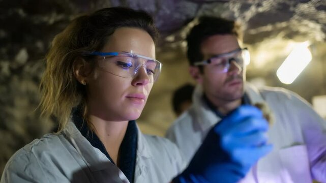 Geologists in lab coats analyze rock samples inside a cave, showcasing scientific inquiry and teamwork in the field of geology and natural sciences focused on exploration.