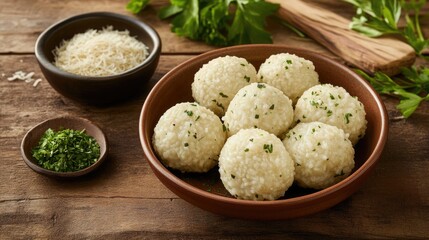 Aged parmesan, cooked rice, and herbs prepped for arancini making