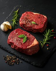 Two raw beef steaks, ready for grilling, with fresh herbs and garlic, placed on a black slate board