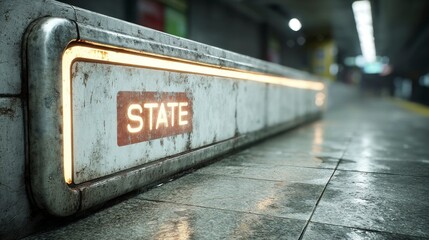 Illuminated Sign in Urban Underground Setting with Text Highlighting Modern Infrastructure Pu