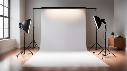A modern photography studio setup featuring a white backdrop, professional lighting equipment, a minimalist aesthetic.
