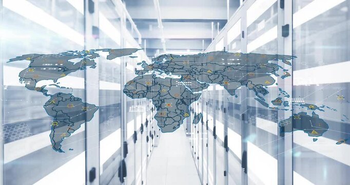 Animated schematic map overlay showing network nodes and data lines over rows of server racks - Powered by Adobe
