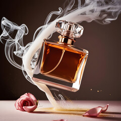 Luxurious Perfume Bottle with Smoke Effect and Rose Petals on Dark Background