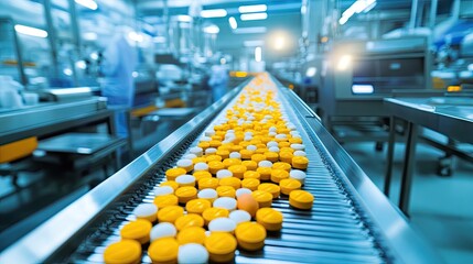 Obraz premium Filled containers moving on a stainless steel belt inside clean environment