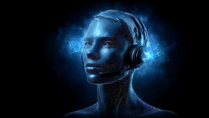 Blue digital human with a headset and microphone on a black background, a virtual or artificial