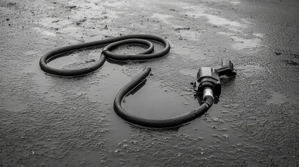 Hose coiled on the side with water puddles left on recently washed asphalt