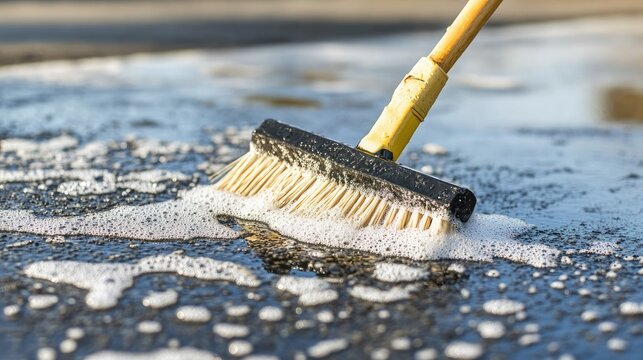 Large brush scrubbing asphalt surface with soapy water and visible bubbles
