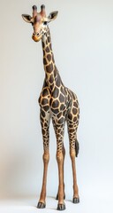 Obraz premium Young giraffe, standing tall against a plain background. Its distinct spots and long neck are clearly visible