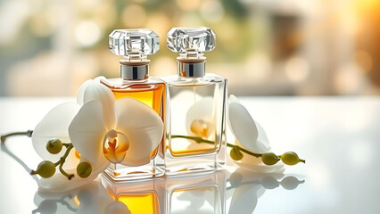 Luxury Floral Perfume Bottle with White Orchids on Elegant Background