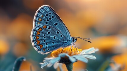 Obraz premium Azure butterfly on a daisy at sunset