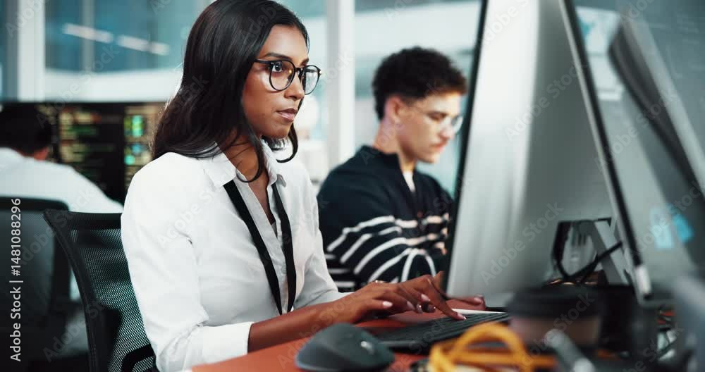 Poster Woman, developer and typing on pc in office for research, programming and software update. Person, computer and information for web development, problem solving and troubleshooting for testing system