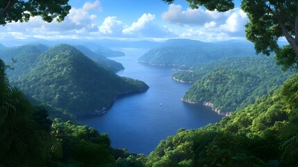 Serene River and Mountain Panoramic View Surrounded by Greenery