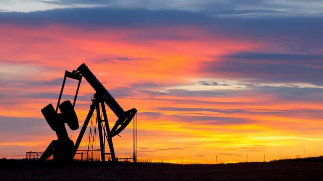 An oil pump silhouetted against a vibrant sunset, representing the ongoing relevance of fossil fuels in energy production and their environmental implications.