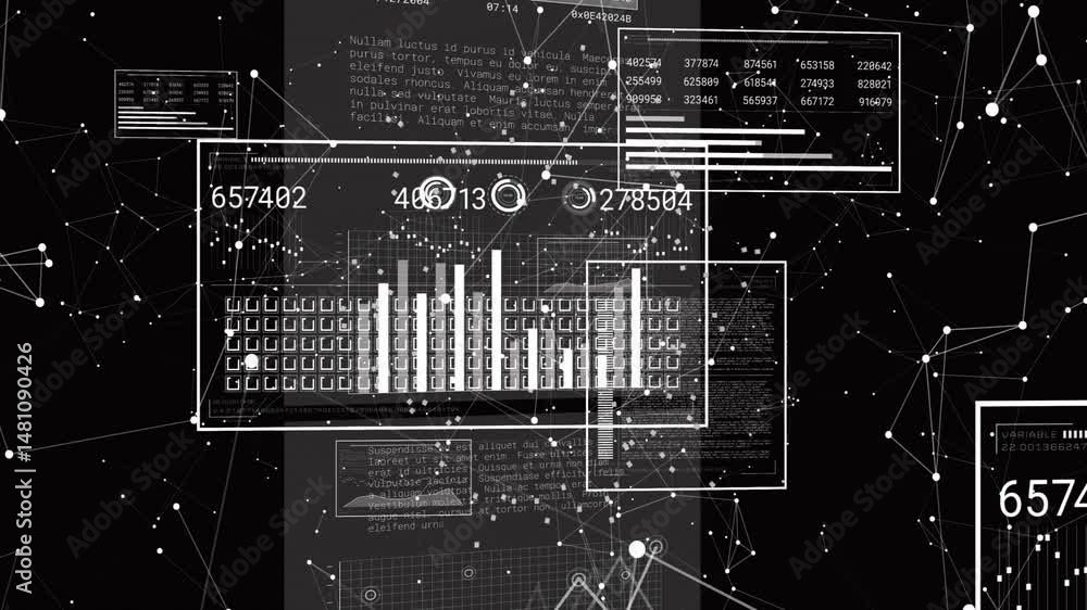 Poster floating flat design data panels on dark network grid, streaming numeric charts and moving nodes