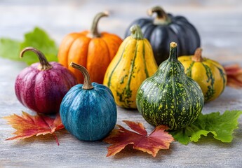 Colorful assorted gourds with autumn leaves on a wooden table.