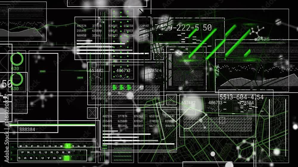 Poster Animated data interface displaying scrolling charts numeric tables network map code snippets gauges