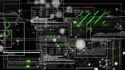 Animated data interface displaying scrolling charts numeric tables network map code snippets gauges