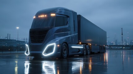 Fototapeta premium Futuristic electric semi-truck on wet pavement at dusk.