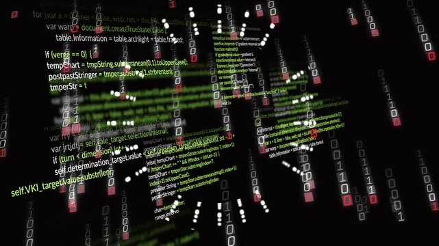 Green code clusters and streaming binary digits creating immersive depth in digital matrix scene