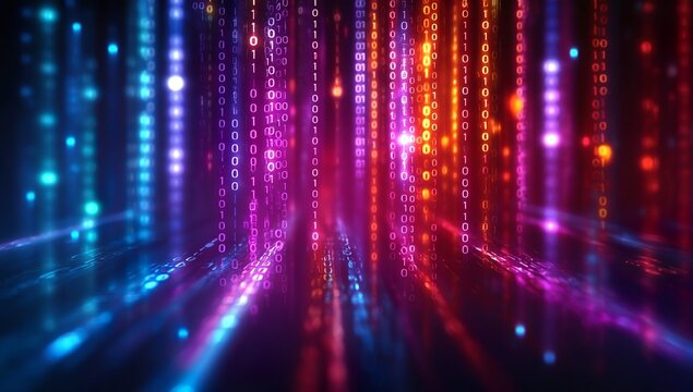 Digital background featuring data flowing through binary code, with neon lights and vibrant colors