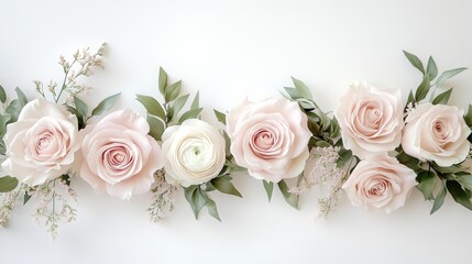 Obraz premium Elegant Pink Roses and Ranunculus Floral Arrangement Pretty Pastel Flowers Wedding Decor Romantic Botanical Design Natural Greenery Soft Hues Delicate