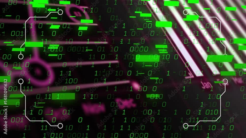 Aufkleber green binary code blocks floating across interface, connecting circuit lines and bar chart
