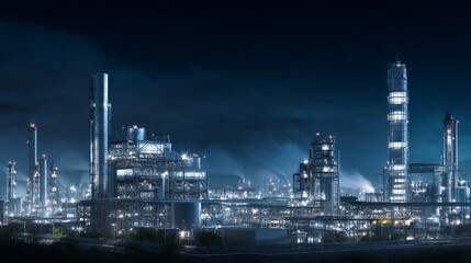Night Industrial Refinery Complex Steel Structures Modern Technology Illuminated Blue Nighttime Scene Powerful Energy Production Plant      