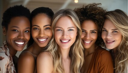 Fototapeta premium Five women of diverse races smiling, with beautiful faces. A blonde woman is in the center, with
