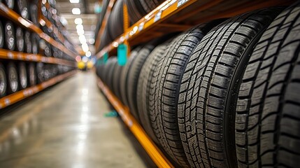 Rows of new and used tires on shelves in a warehouse