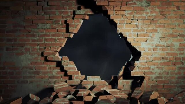 A damaged brick wall with a large hole revealing missing bricks and shadows casted