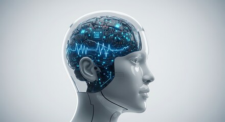 Futuristic cyborg brain inside transparent head