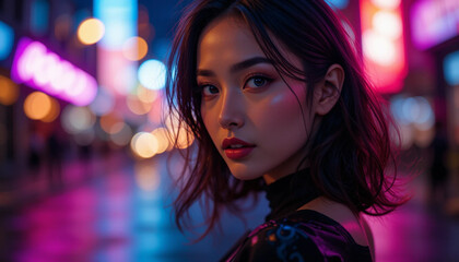 Woman Looking at Camera in Vibrant Neon Cityscape at Night