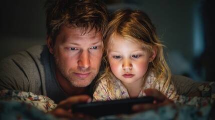 Father and daughter engrossed in a tablet.