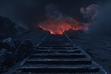 Fototapeta premium Fiery stairway leading to mysterious door in dark sky. Hellish landscape with lava, smoke, and lightning. Concept of afterlife, judgment, and spiritual journey. Dramatic scene.
