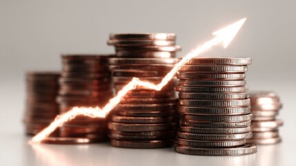 Financial Growth Illustrated with Stacks of Coins and a Glowing Upward Arrow Symbolizing Succes