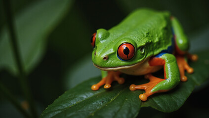 Naklejka premium Vivid Red-Eyed Tree Frog in Lush Jungle, Exotic Wildlife Photography, Tropical Rainforest Beauty, Cute Nocturnal Amphibian with Big Eyes, Agalychnis Callidryas in Panama-Costa Rica Border