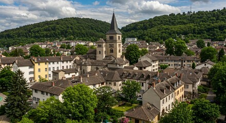 Obraz premium a view of a town with a church and trees