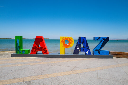 The colorful "LA PAZ" sign along the Malec&oacute;n in La Paz, B.C.S., Mexico, is a vibrant landmark in the city located on the eastern coast of the Baja Peninsula on the Gulf of California.