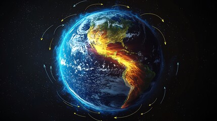 Obraz premium Animated Earth showing heat distribution equator to poles Global Wind Patterns Hadley cell diagram atmospheric circulation arrows digital render