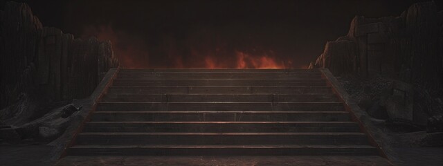Fiery stairway leading to mysterious door in dark sky. Hellish landscape with lava, smoke, and lightning. Concept of afterlife, judgment, and spiritual journey. Dramatic scene.